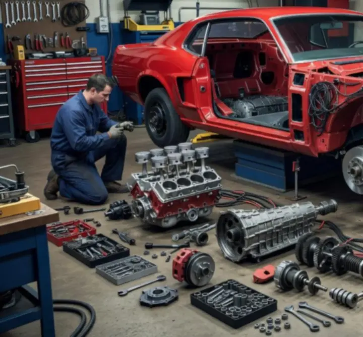 Szétszerelt autó alkatrészekre bontva a Fix My Car: Premium játékban
