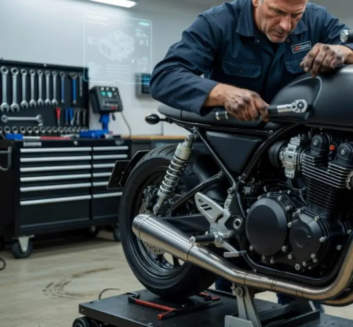 Motorkerékpár részletes nézete a Fix My Car: Premium játékból, látható alkatrészekkel és szerelési pontokkal.