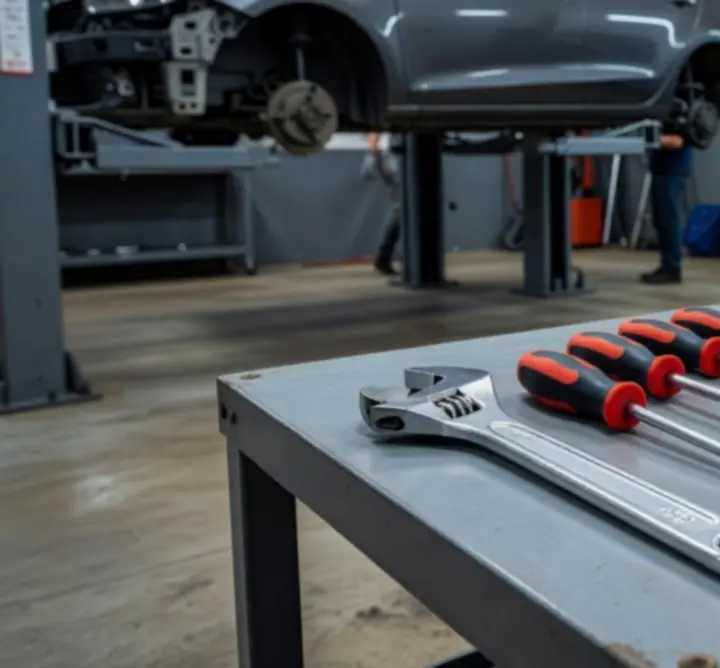 Szerszámos munkapad alkatrészekkel a Fix My Car: Premium műhelyében